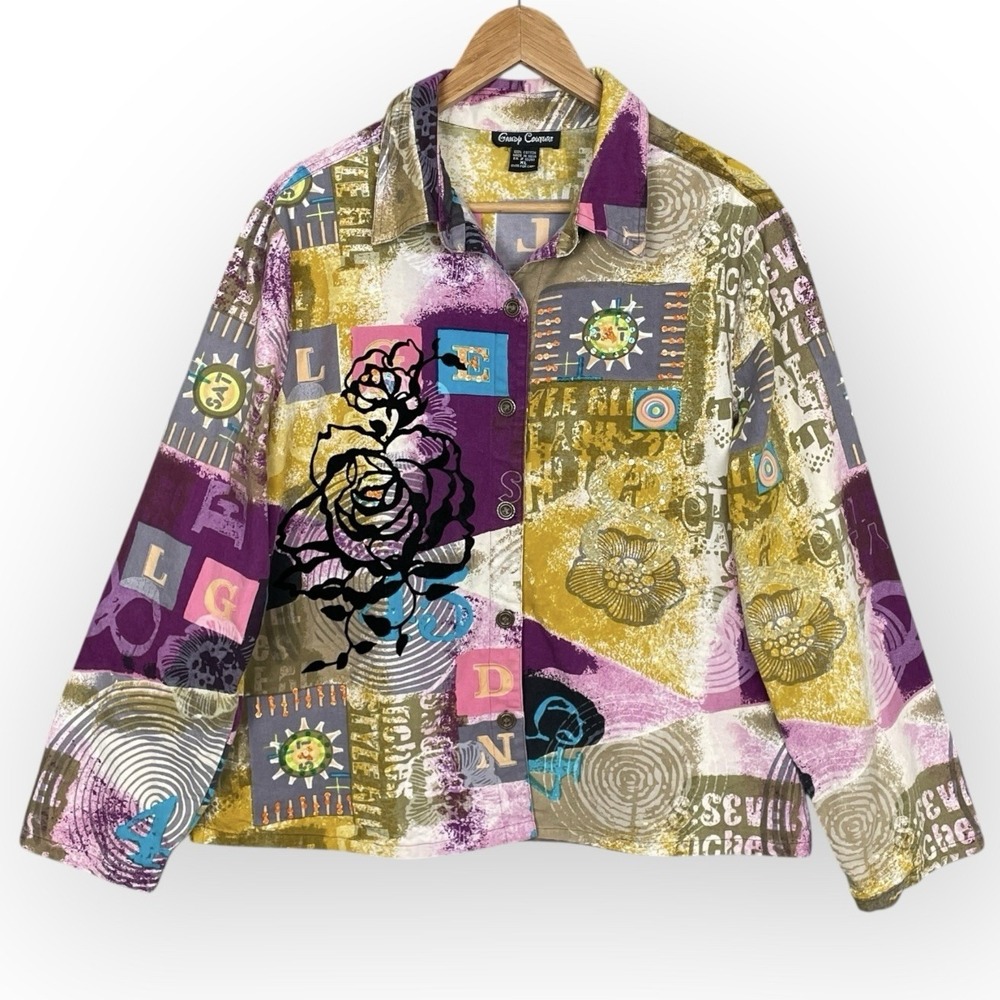 VTG Candy Couture Boho Collage Print Mixed Media Jacket Women XL Maximalist Art